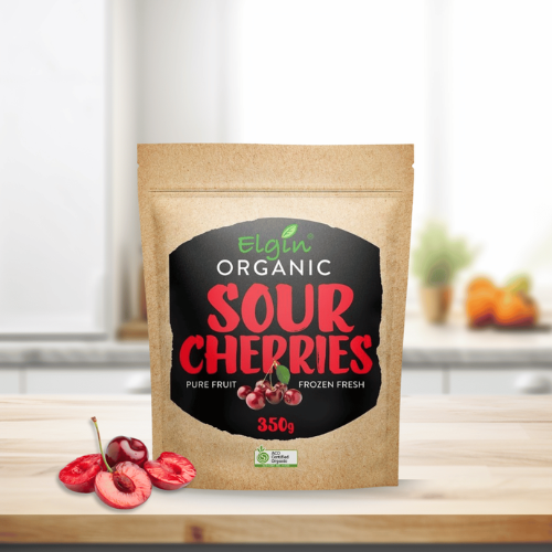 • Frozen pitted organic sour cherries close up showing IQF quality
