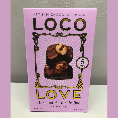 Box of Loco Love Hazelnut Butter Praline 5 Pack on a neutral background.